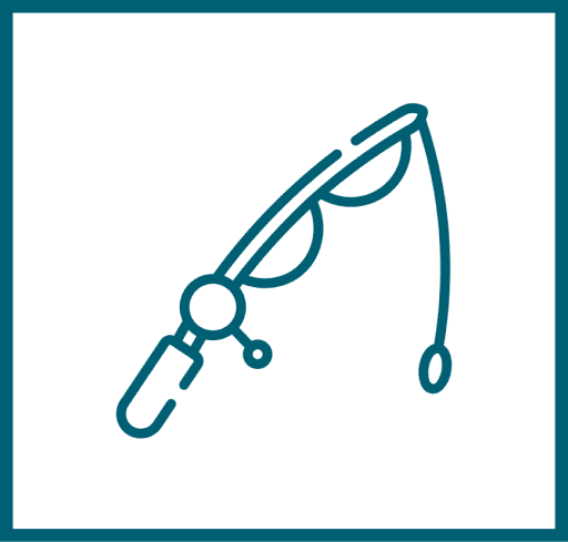 Simple line drawing of a fishing rod with a reel and fishing line, depicted at an angle inside a square border.