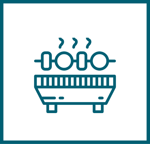 Line drawing of a grill with three skewered items above it, with steam lines rising, suggesting food being cooked on the barbecue.