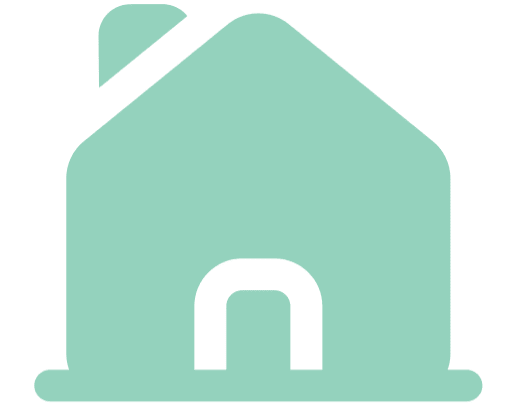 Simple mint green house icon with a rounded door and a single chimney on the left side of the roof, set against a transparent background.