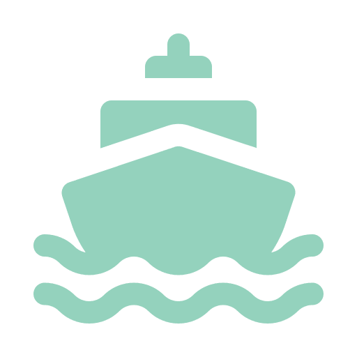 Icon of a ship sailing on water, depicted with simple geometric shapes and wavy lines representing waves.