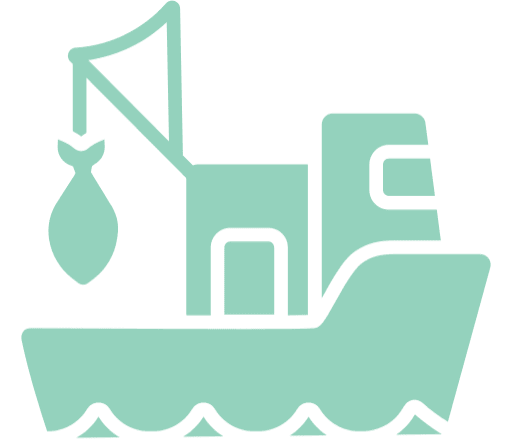 Simple graphic of a fishing boat on water with a large fish hanging from a crane on the deck.