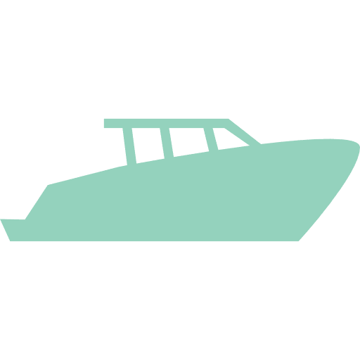 A simple, light blue icon of a motorboat with a cabin, shown in profile on a solid background.
